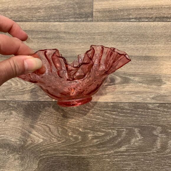 Fenton Cranberry Diamond Optic Pattern Candy Dish Ruffled Crimped Edge USA - Picture 3 of 5